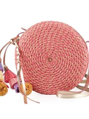 NWT! ERIC JAVITS NY Coral Mix Squishee Bali Raffia Circle Canteen Crossbody Bag